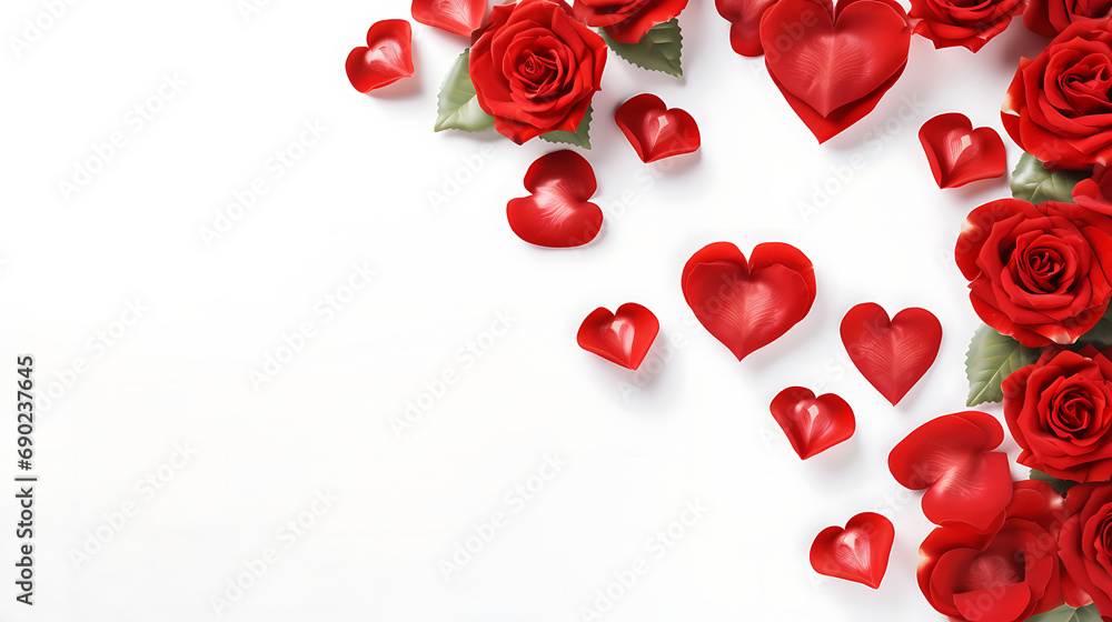 Bouquet of red roses and hearts on white background. Valentine's day, banner format. Place for text. Generative Ai Bouquet of red roses and hearts on white background. Valentine's day, banner format. Place for text. Generative Ai