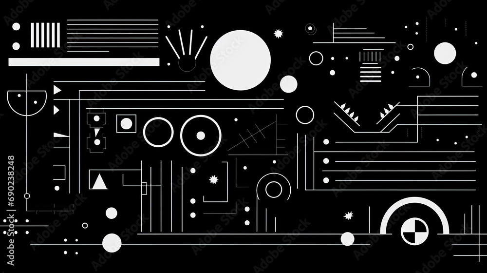 Abstract geometric background with doodle shapes, lines, circles, dots. Swiss aesthetic
