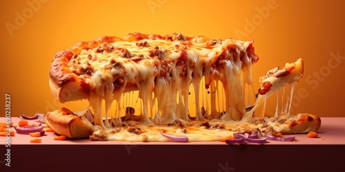 Steamy slice of pizza with stringy cheese and fresh toppings is lifted high