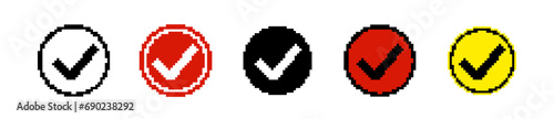 8 bit check mark in circle icon. Pixel retro arcade game tick photo