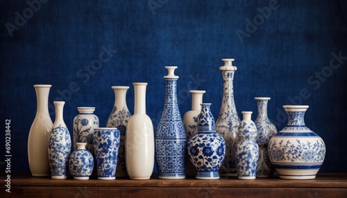 A Collection of Blue and White Vases on a Table photo