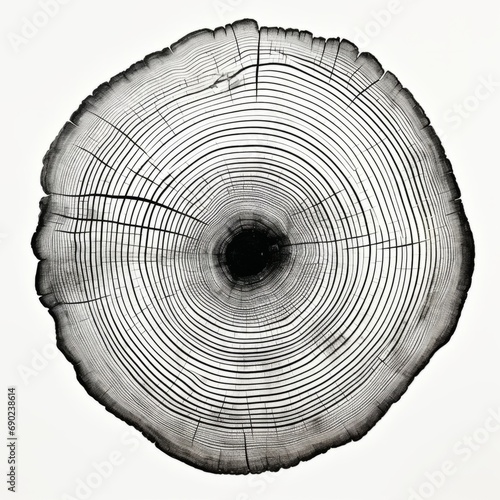 A graphic print of uneven black tree rings, wavy space between some rings isolated on white background. Wood rings photo