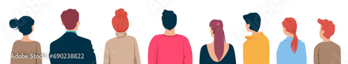 Men and women back view set. Modern guys and girls with fashionable colored hairstyles and casual clothes look at the performance vector event