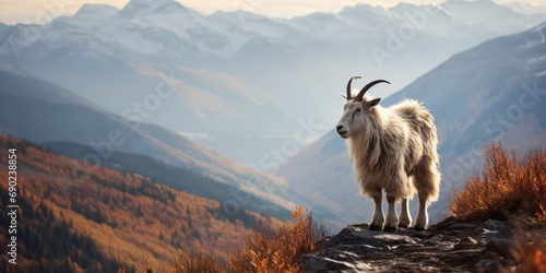 Mountain goat surveys the valley from a high ridge, a tapestry of autumn hues below photo