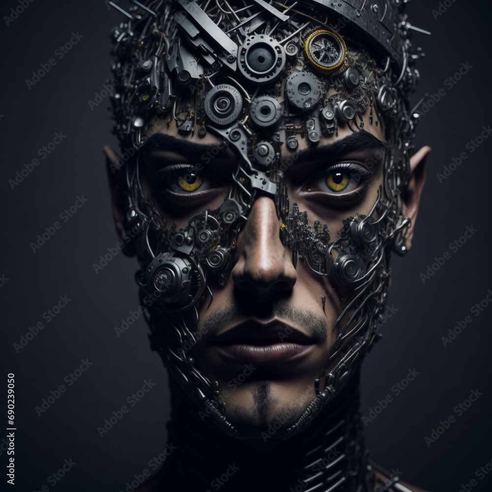 Humanoid cyborg, a man slowly converting into a robot in the future Humanoid cyborg, a man slowly converting into a robot in the future