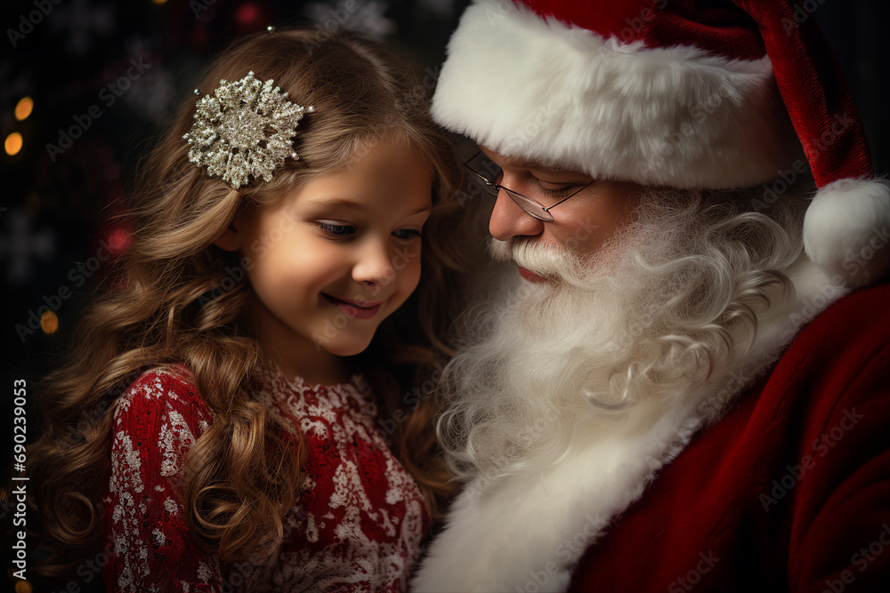 Generative ai portrait image of happy girl meet santa claus cozy festive christmas vibe Generative ai portrait image of happy girl meet santa claus cozy festive christmas vibe