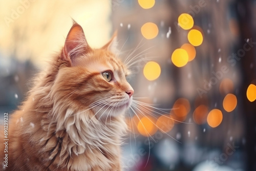 Generative ai picture of funny cat in city isolated on blurred garland background
