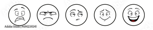 Round faces emotions set. Characters with anger and surprise expressing disbelief and joy with comic book vector design