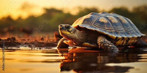 A tortoise pauses by the water's edge, its shell bathed in a golden glow from the evening light. photo