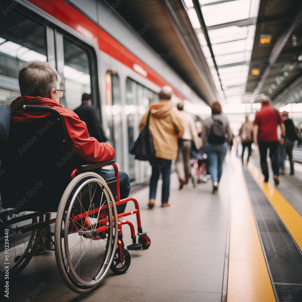 Low angle and selective focus view of disabilities people wheelchair wait for train on platform train station. Low angle and selective focus view of disabilities people wheelchair wait for train on platform train station.