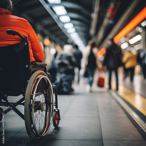 Low angle and selective focus view of disabilities people wheelchair wait for train on platform train station.