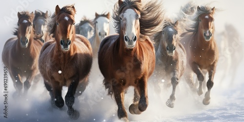 Wild horses charges through a snowstorm photo