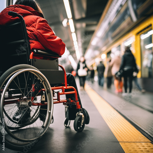 Low angle and selective focus view of disabilities people wheelchair wait for train on platform train station.