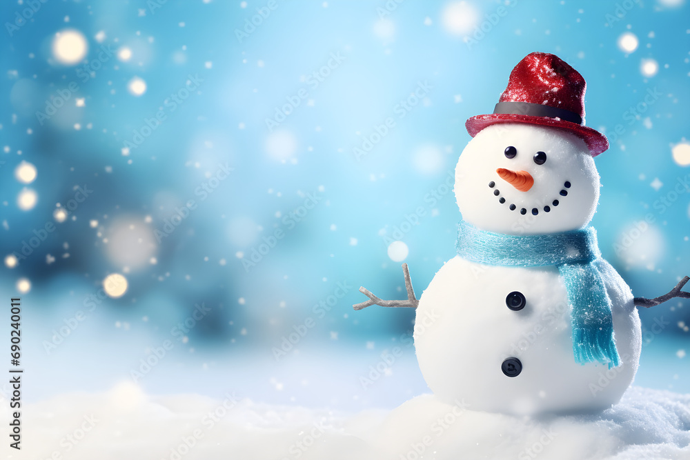 Snowman with winter themed background. Blue and white with bokeh light effect. Christmas. snow, snowfall, snowflake. Backdrop, web banner design. Copy space. generative ai