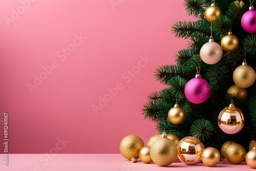 Green Christmas tree and white and gold Christmas decorations on a pink background. photo Playground AI platform