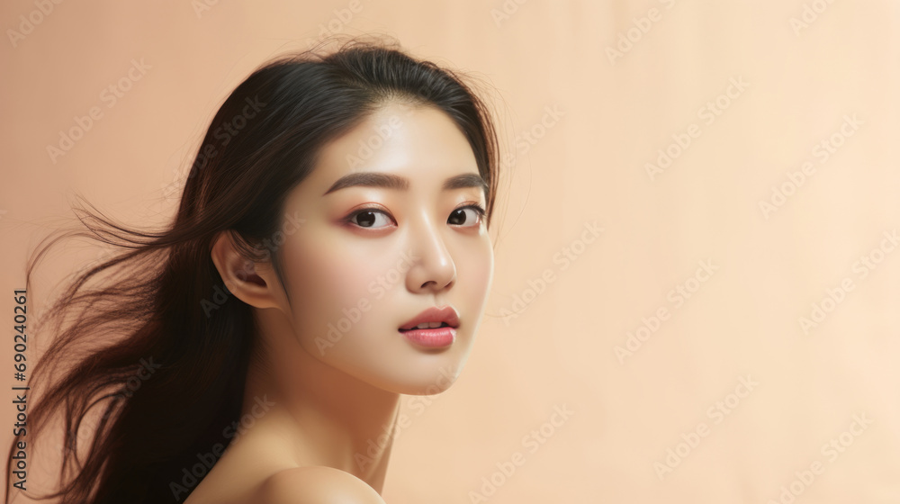 Young asian girl with perfect skin on beige background. Female Skin care editorial. Asian beauty portrait. Young asian girl with perfect skin on beige background. Female Skin care editorial. Asian beauty portrait.