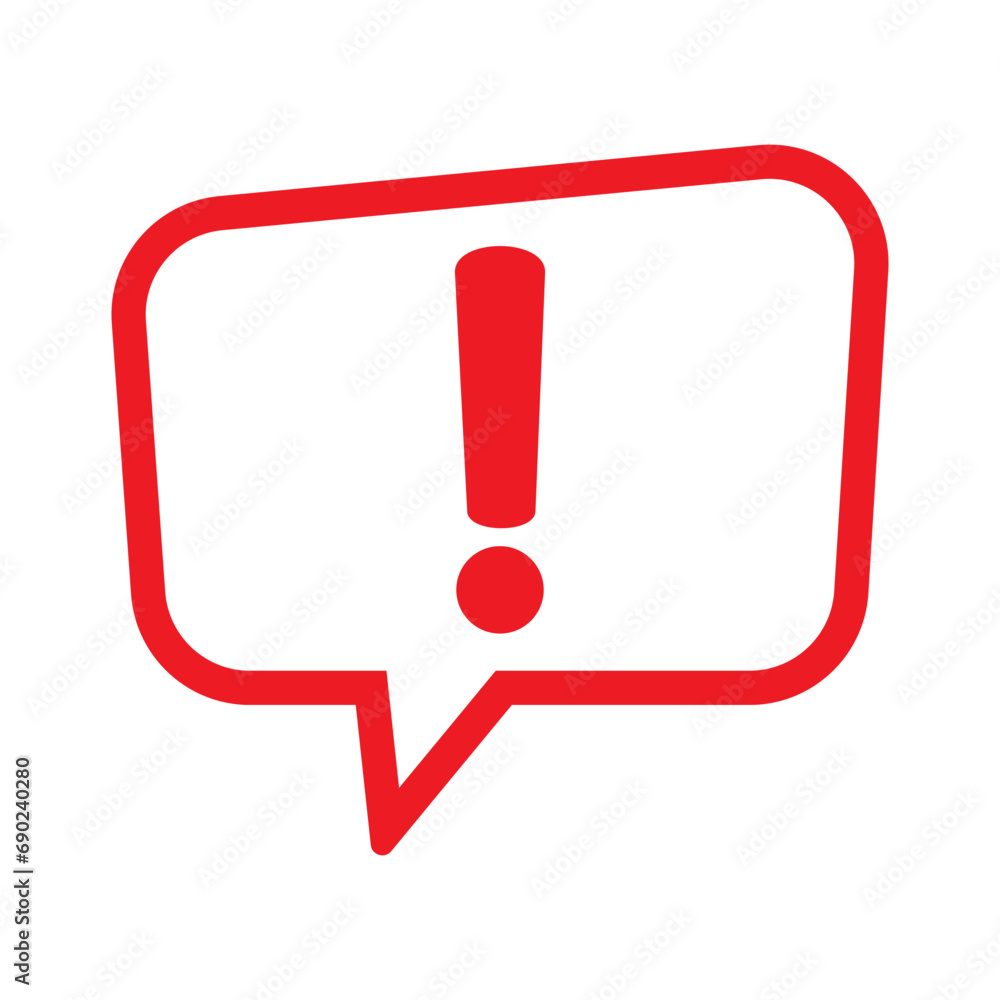 Exclamation sign icon, important mark, warning speech bubble. Speech bubble with exclamation mark. Red attention sign icon. Exclamation sign icon, important mark, warning speech bubble. Speech bubble with exclamation mark. Red attention sign icon.