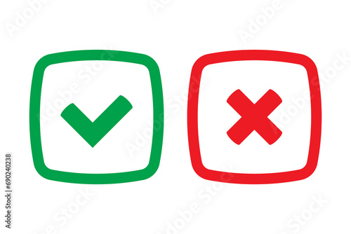 Green tick and red cross checkmarks in flat icons. Yes or no symbol, approved or rejected icon for user interface.