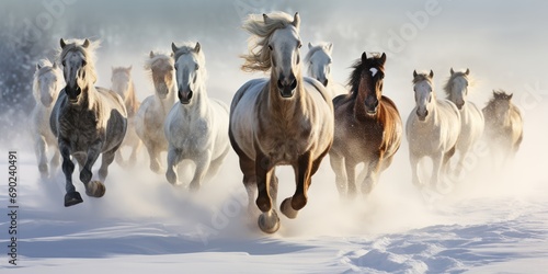 Wild horses charges through a snowstorm