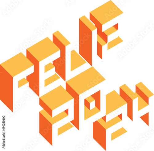 Happy 2024 - happy new year - Spanish or portuguese - isometric block font, pixel art