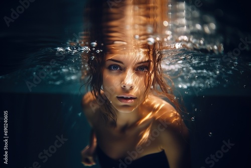 girl under water looks at the camera