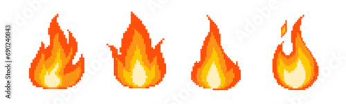 8 bit retro game fire icons. Pixel flame vector icons.
