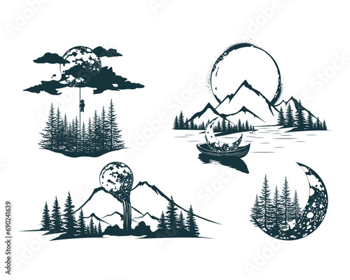 Мystical silhouettes of mountains, forests, moon and other design elements isolated on a white background. Vector prints for label or tattoo