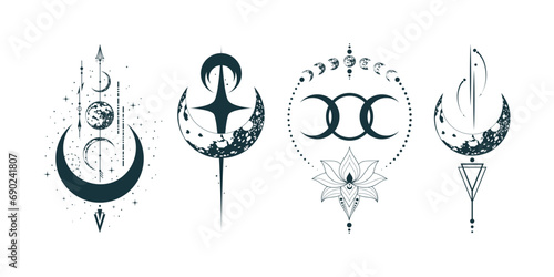 Four mystical moon illustrations isolated on white background. Vector bohemian prints. Spiritual lunar tattoo.