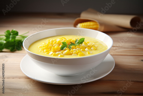 bowl of corn soup on wooden table, close up, shallow dof