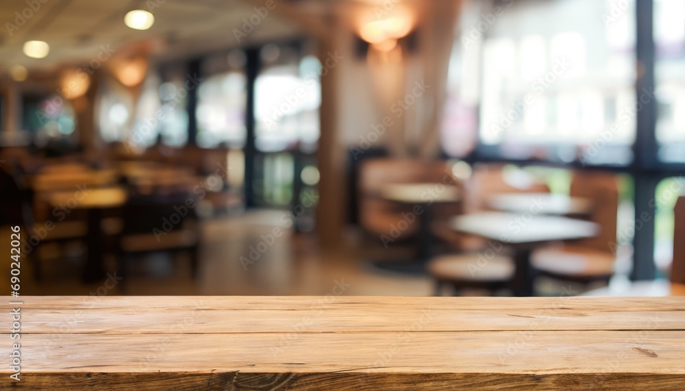 Wood table top on blur restaurant (cafe) interior background