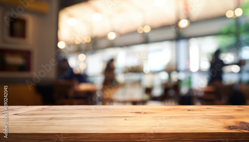 Wood table top on blur restaurant (cafe) interior background © ROKA Creative