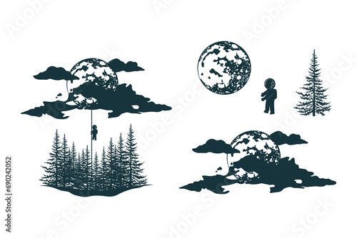 Set of forest trees, pine silhouettes , mountains, crescent moon, clouds. Vector isolated prints for label or tattoo.