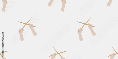 Drummer hands with Drumsticks isolated on white, Musical seamless pattern. Vector Flat style template for Wrapping paper, Packaging, Wallpaper. Music concept background. Isolated on white elements