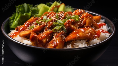 dish of teriyaki chicken bowls, food photography, 16:9