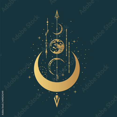 Golden mystical moon illustration  on black background. Vector bohemian print in boho style