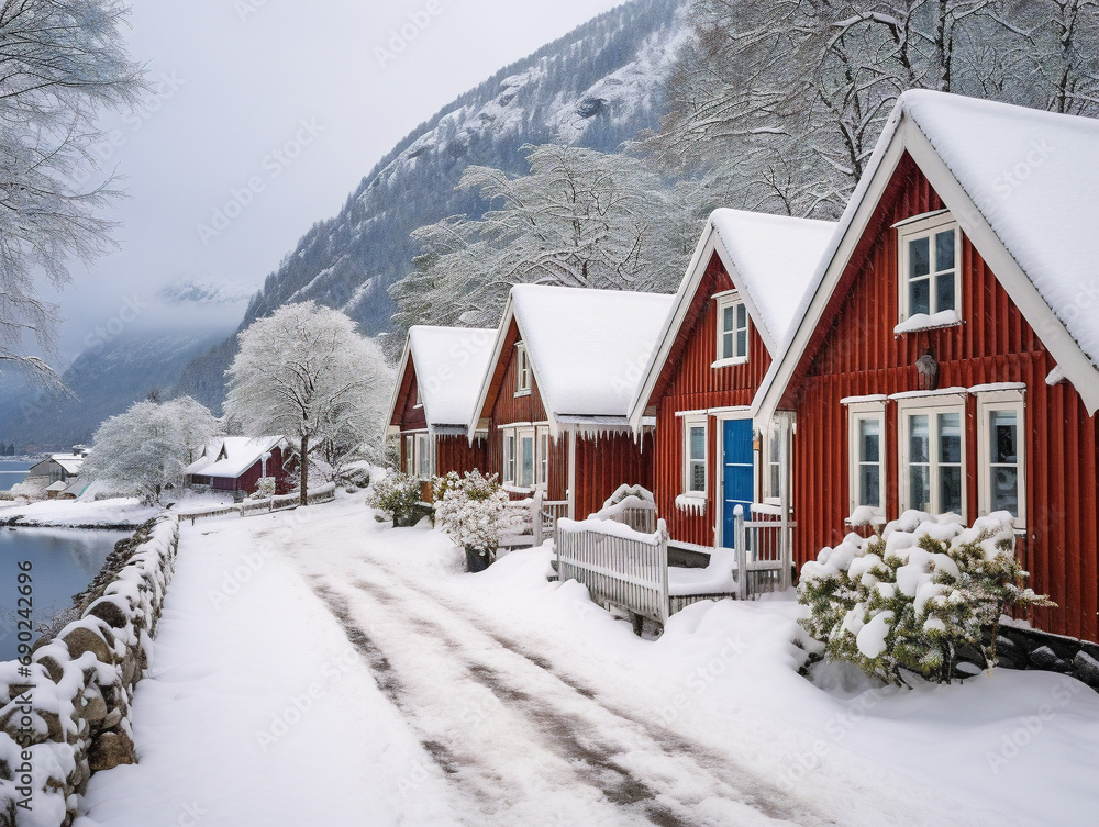 A winter wonderland showcasing charming cottages blanketed in pristine snow, creating a picturesque scene.