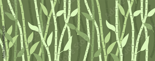 Fototapeta Naklejka Na Ścianę i Meble -  Bamboo grove background. Green tree trunks with leaves and chinese design with japanese pattern of natural zen and natural spa vector