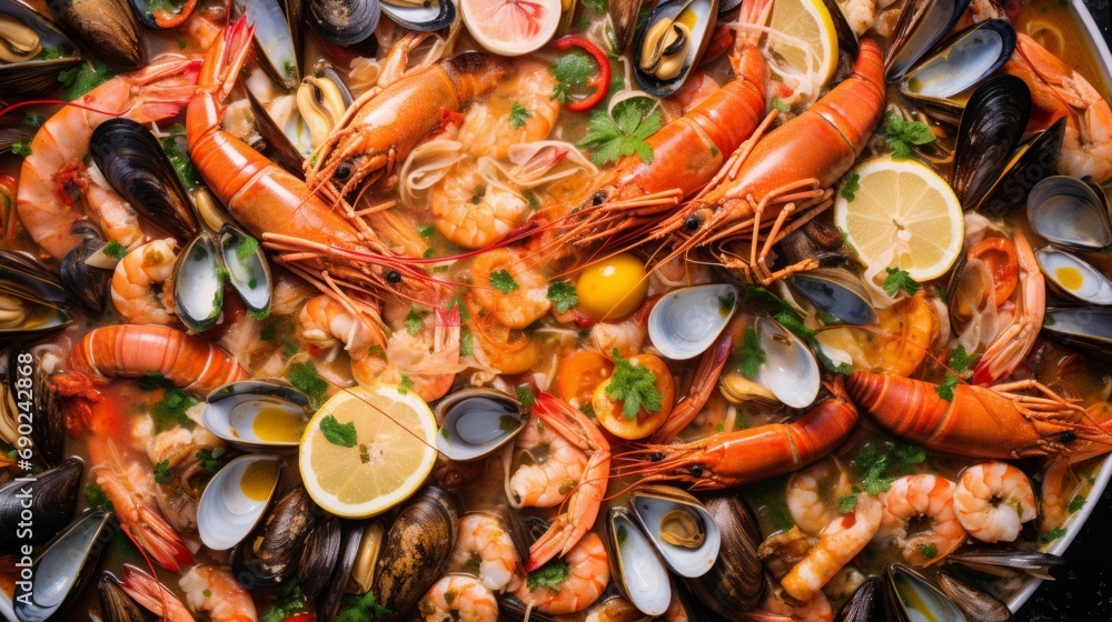 lavish spread of assorted seafood, including prawns, mussels, clams, fish and squid, 16:9 lavish spread of assorted seafood, including prawns, mussels, clams, fish and squid, 16:9