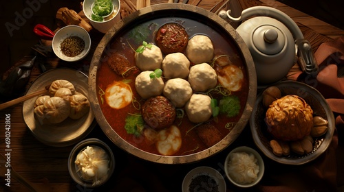Meatballs in hot soup with dumplings on a wooden background