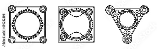 Openwork frames in the shape of a gear with decorative cogwheels. Black elements, isolated on a white background. Mechanism. Steampunk. Vector set for greeting card design, laser and plotter cutting