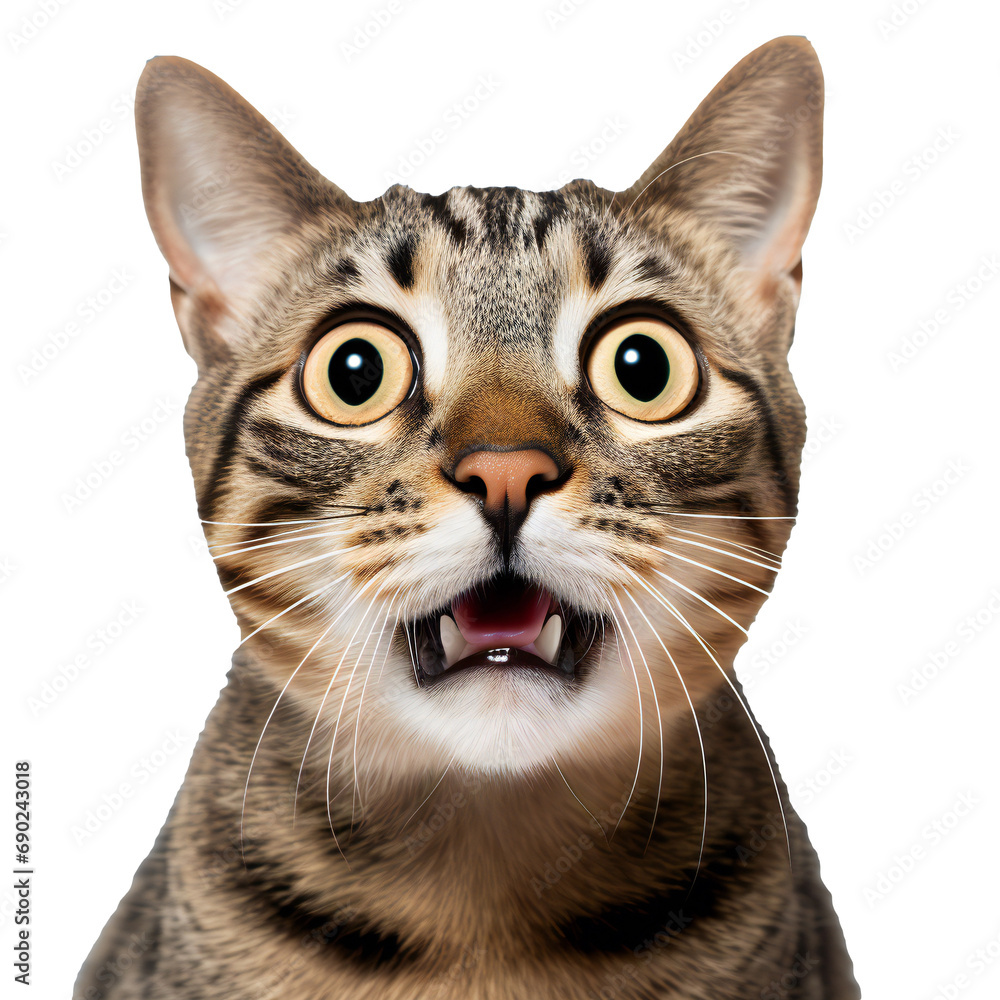 funny cat looking shocked with mouth open. surprised cat make big eyes. isolated on transparent