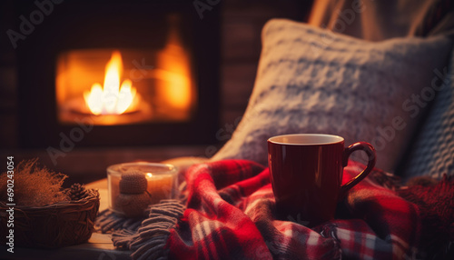 Hot coffee tea coca on a wool blanket on blurred fireplace background