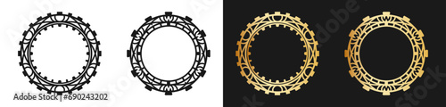 Round openwork frames in the shape of gears. Black and gold decorative elements, isolated on a white and black background. Steampunk. Vector set for design, decoration, label, laser or plotter cutting