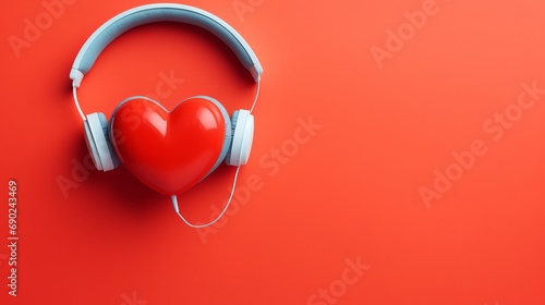 red heart with headphones on blue background, concept: passion for music, copy space, 16:9