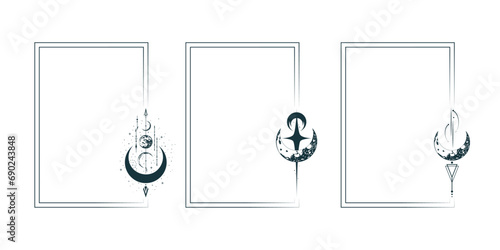 Set of three  celestial rectangular frames with moon symbols. Mystical borders for witchcraft, greeting cards and invitations. Hand drawn vector illustration in boho style
