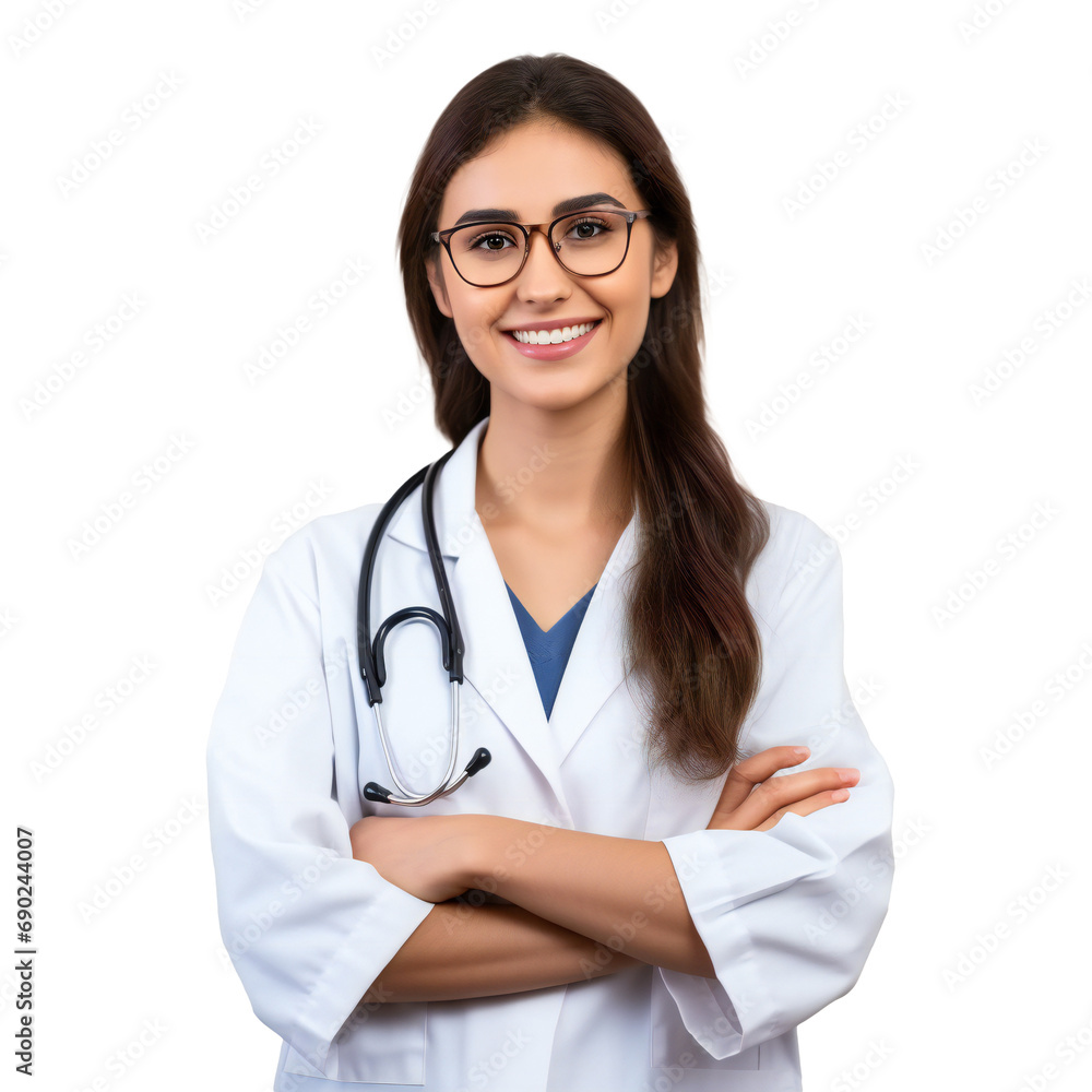 Female doctor in white coat with stethoscope. Woman hospital worker isolated on transparent Female doctor in white coat with stethoscope. Woman hospital worker isolated on transparent