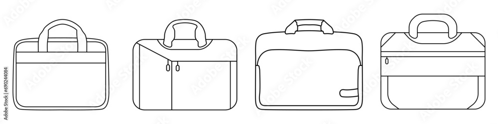 Laptop bag vector set of linear icons. Outline of a satchel for a computer vector. A simple icon of a case for saving a personal PC. Accessory for carrying a laptop. Luggage bag. Laptop bag vector set of linear icons. Outline of a satchel for a computer vector. A simple icon of a case for saving a personal PC. Accessory for carrying a laptop. Luggage bag.