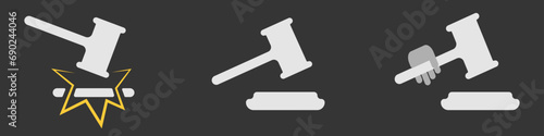 Judge symbol icon set. Judge's gavel. Justice icon set. Legal system concept. Lawyer icon. Vector illustration.
