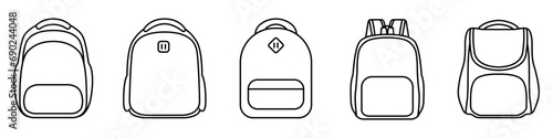 Satchels vector icons set. Linear backpacks set. Vector set of bags for things symbol. Garment bag vector icon set. Outline backpack vector.