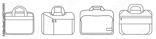 Laptop bag vector set of linear icons. Outline of a satchel for a computer vector. A simple icon of a case for saving a personal PC. Accessory for carrying a laptop. Luggage bag.